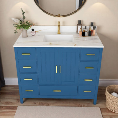 Meuble-lavabo moderne en bois massif de 42 po avec lavabo, comptoir en pierre frittée blanc Carrara de 43 po avec 1 trou de robinet pré-percé, 2 portes doubles à fermeture douce et 9 tiroirs spacieux avec glissières (bleu)