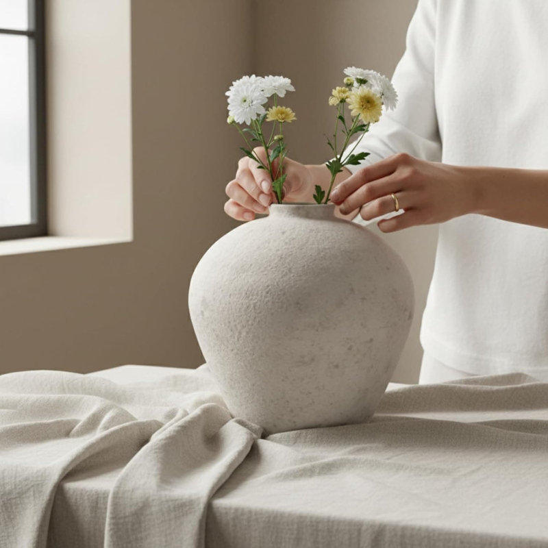 Grand vase rond en céramique fait à la main pour les centres de table, finition d'aspect pierre vieillie, décor de maison de campagne rustique, Earthy Aesthetic Home Decor, 9 po