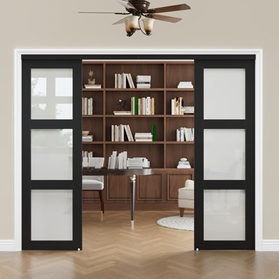 80” 3-Lite Frosted Tempered Glass Sliding Closet Door, Solid MDF Pre-Finished with Full Hardware Kit, Privacy Light-Friendly Room Divider for Bedroom, Bathroom & Pantry