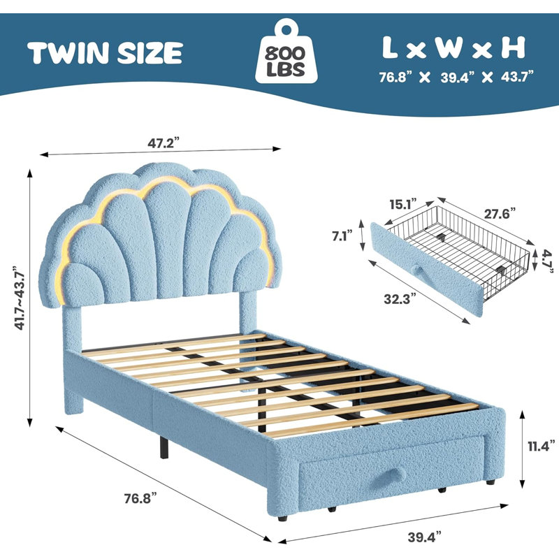 LED Kids Bed Frame, Velvet Upholstered, 2 Storage Drawers, Princess Style, Twin, Blue