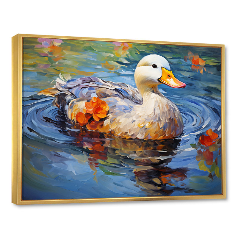 «Duck At The Pond I» - Art mural animal canard, H 16 po x l 32 po x P 1 po, Cadre flottant doré