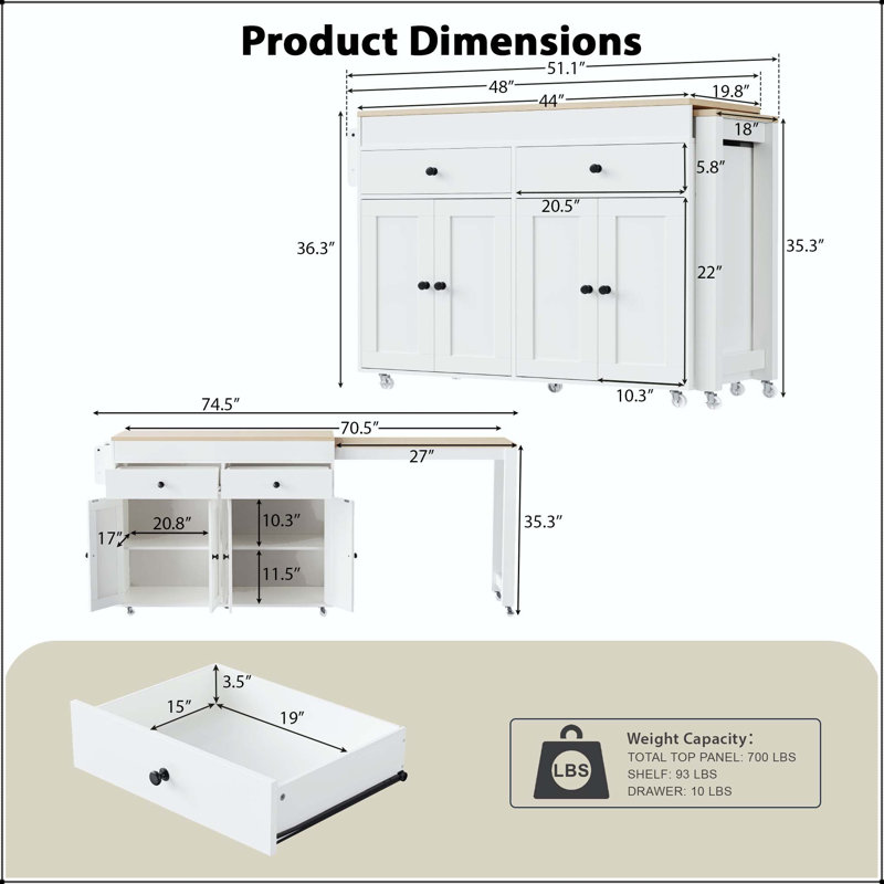 74.5" Kitchen Island with 27” Extendable Dining Table and Spice Rack – White