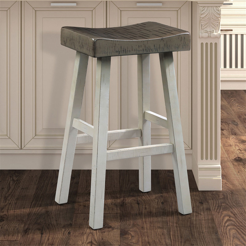 Ensemble de tabourets traditionnels en bois massif 2 pièces, siège contour gris / blanc H 29 po, Gris, Blanc