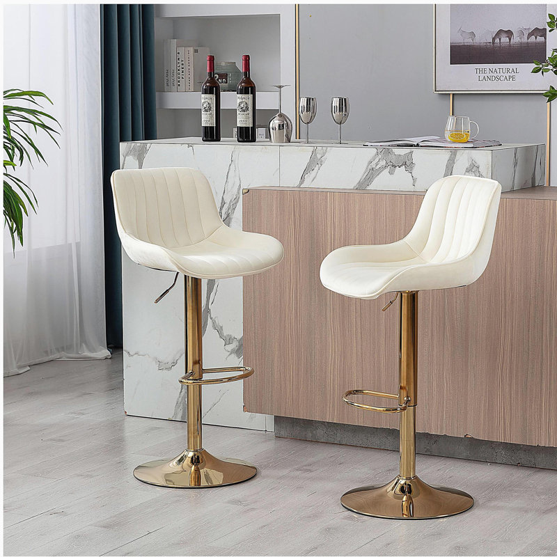 Repose-pieds et base chromés, mécanisme de hauteur réglable en velours + tabouret de bar simple à pieds dorés, 2, beige