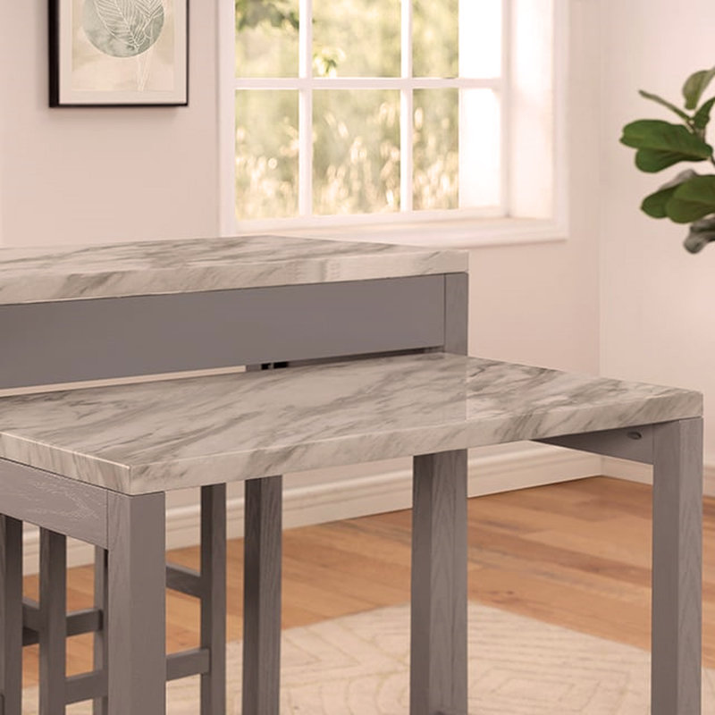 Rustic 5pc Dining Set Counter Height Dining Table w Storage drawer Faux Marble Top 4x Stools Light Grey Dining Room Furniture