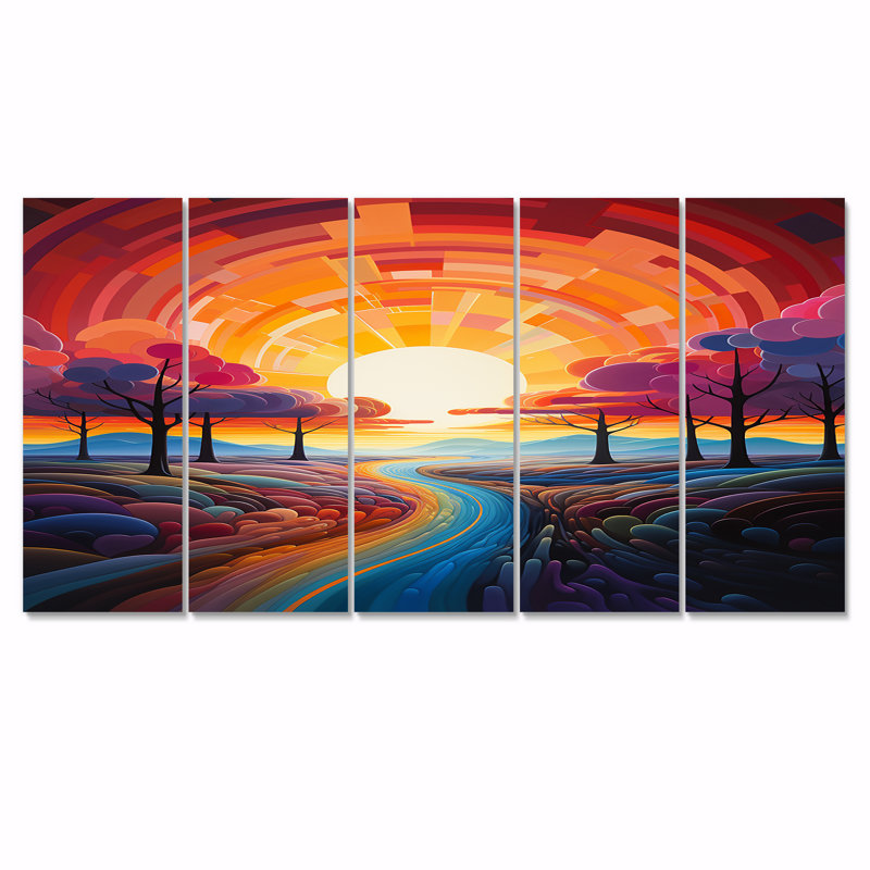 5 pièces d'art mural géométrique coucher de soleil géométrique forêt pour le salon, H 28 po x l 60 po