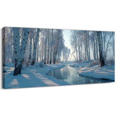Christmas Winter Scene Canvas Wall Art, Snowy Forest Pictures, Birch Trees Wall Decor Painting, Peaceful River Canvas Artwork, Cozy Wall Hanging Post