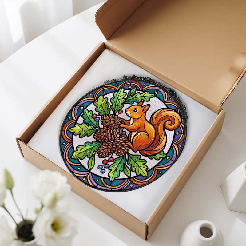 Squirrel Pinecone Stained Glass Window Panel，12"H, 12"H