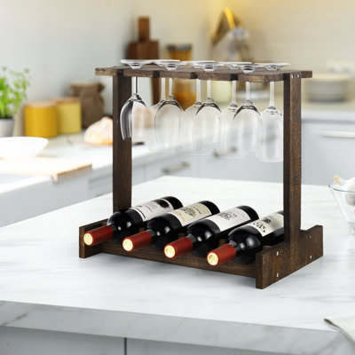 Liahm 4 - Bottle Solid Wood Wine Bottle & Glass Rack in Brown