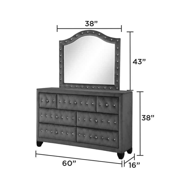 Modern Gray Velvet Crystal Tufted Upholstery Mirror With Wood Frame | Gift Idea