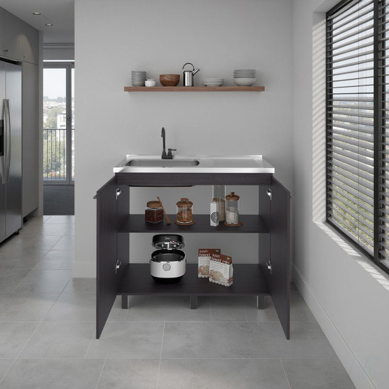 Alatna Freestanding Utility Base Cabinet with Stainless Steel Countertop, 2-Door, and Faucet, Black Wengue Finish