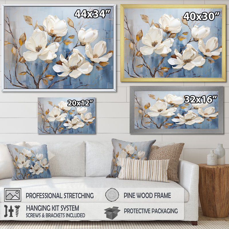 Élégant art mural blanc et bleu Magnolias Bloom VI - Magnolias, Cadre flottant noir, H 34 po x l 44 po x P 1,5 po