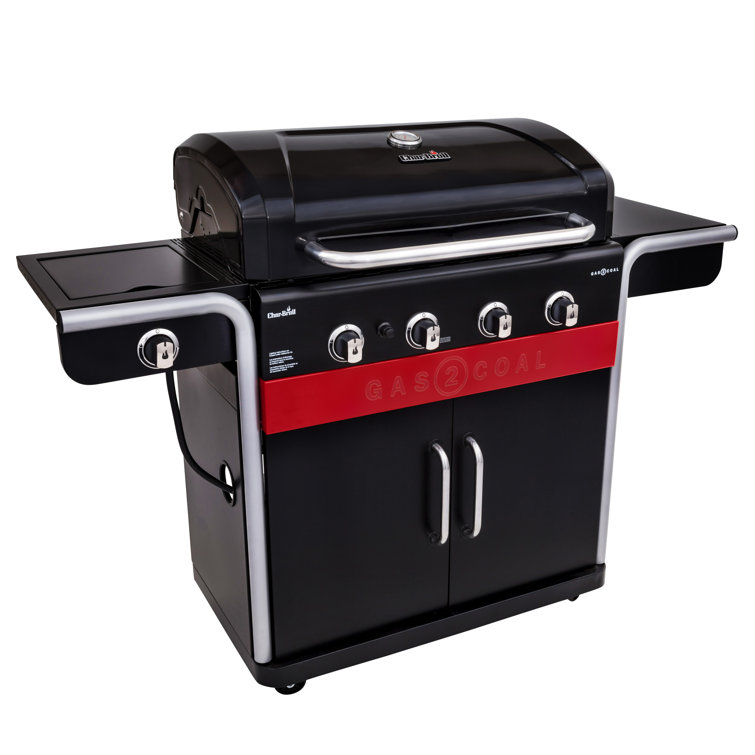 Charbroil Gas2Coal 4-Burner Hybrid Combo Gas & Charcoal Grill Cabinet with Side Burner, Red & Black
