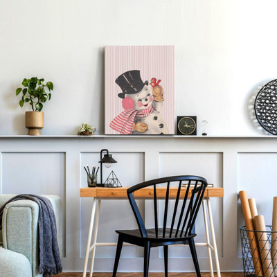Affiche d'art mural à rayures rétro rose bonhomme de neige - décoration murale de Noël pour le salon et la chambre à coucher, encadré 11 po x 14 po