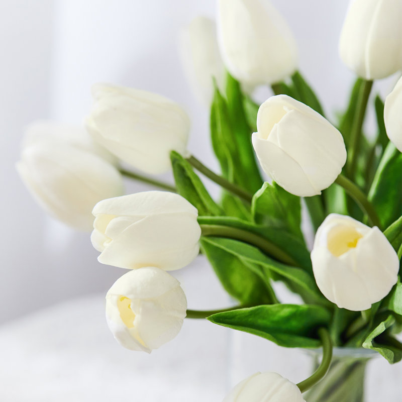 20 Picecs PU Fake Tulips in Cylinder Glass Vase with Fake Water for Home Decor, White