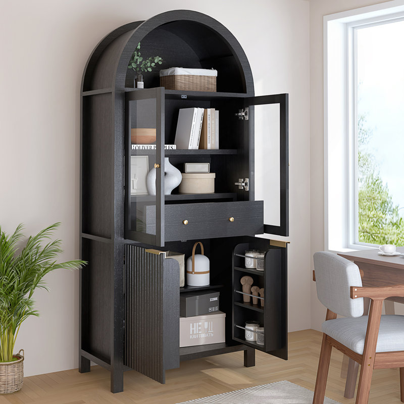 Grand garde-manger arqué cannelé avec tablettes réglables, rangement élégant avec tiroir caché et porte en verre, Noir