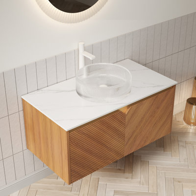 48" Bathroom Vanity&Sink, Wall-Mounted Floating Plywood Storage Cabinet, Twill Double Doors With Metal Trim, Black Bowl Ceramic Vessel Basin With Stone Pattern&Black Sintered Stone Top, Black