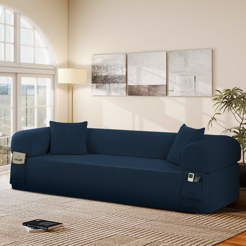 Boneless 82.5" Floor Sofa with 2 Pillows, 3-Seat Corduroy Hybrid Pocketed Spring Couch, Compression Sofa for Living Room Bedroom Lounge, No Assembly Needed