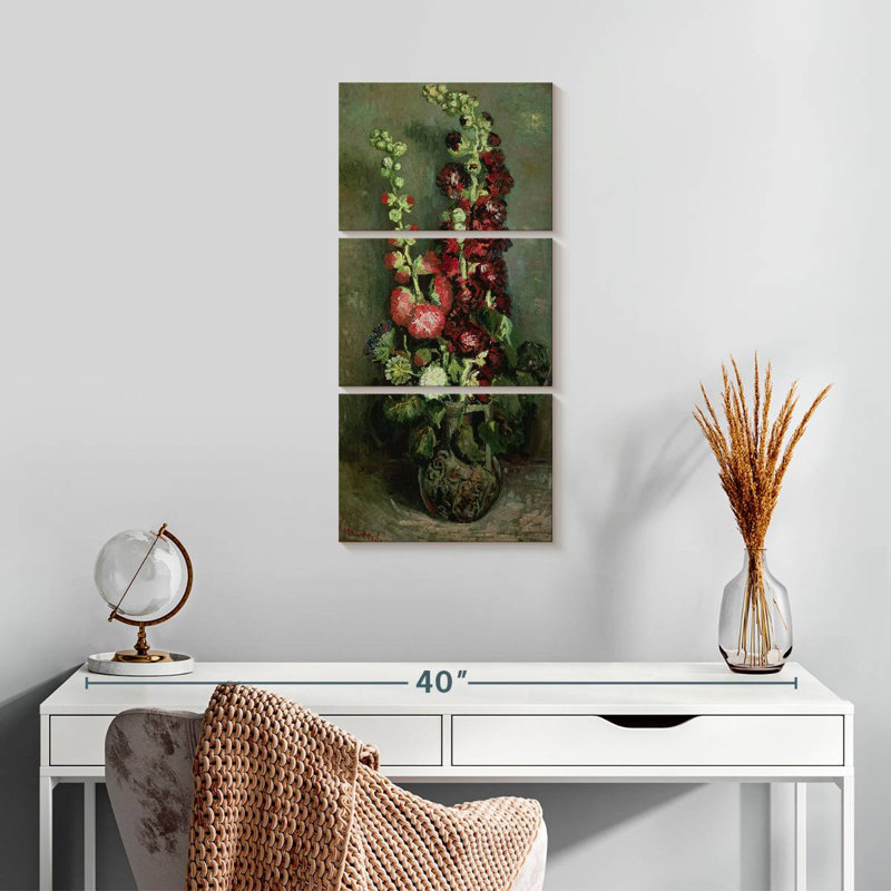 Vase de roses trémières, H 27 po x l 12 po