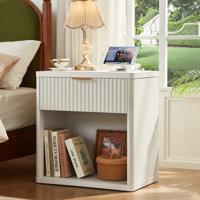 Fluted Nightstand With Charging Station, 23" Wide 1 Drawers Night Stand,End Table With Open Storage,Farmhouse Bed Side Tables, Wood Dresser For Bedroom, Living Room, Closet