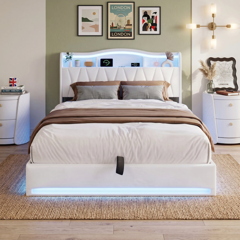 Lift Up Storage Bed Frame, European Double (140 x 200 cm), Beige