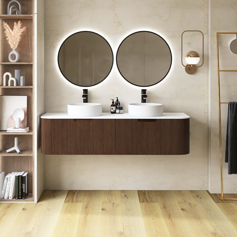 Meuble-lavabo mural rayé à rebords incurvés pré-assemblés avec lavabo, tiroir, lavabo en céramique blanc sans robinet