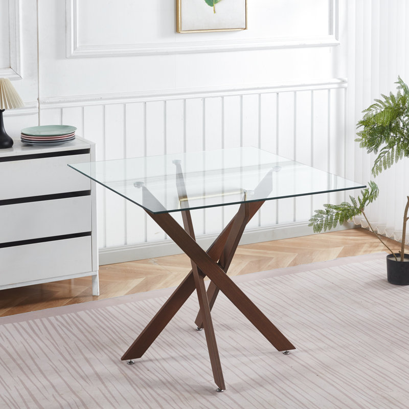 Table de salle à manger carrée avec pieds en croix en métal et surface en verre trempé, 90 x 90 x 75 cm, réglable pour différents scénarii, noyer foncé lisse