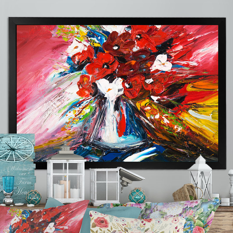 Abstrait bouquet de fleurs rouges - reproduction de cadre photo sur toile, H 8 po x l 12 po x P 1 po, Toile avec cadre noir