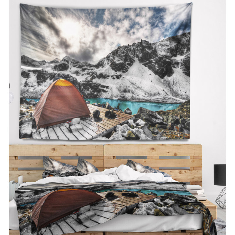 Tapisserie turquoise camping au-dessus de "landscape", H 50 po x l 60 po