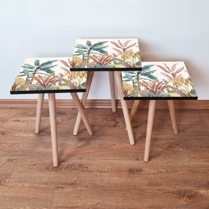 Ensemble de 3 tables gigognes modernes (blanc et moutarde avec accents bruns et verts), 13,8 po x 20,5 po x 13,8 po | 100% panneau de fibres à densité moyenne avec pieds en bois de hêtre, design durable et élégant pour le salon, le bureau et plus encore