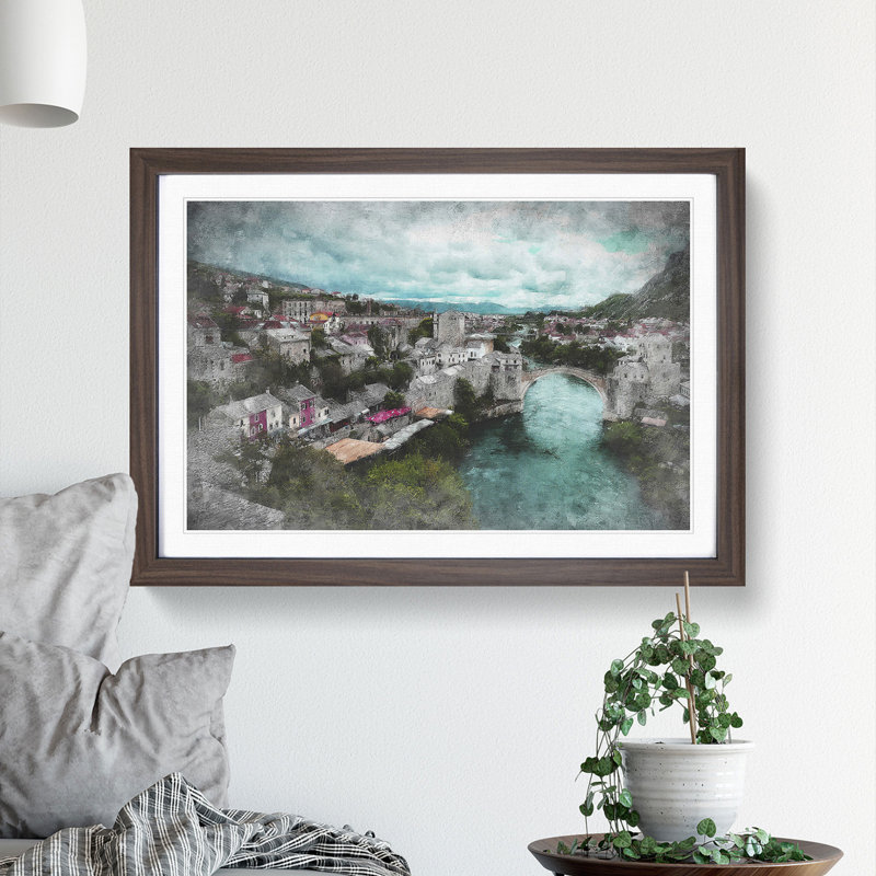 Stari Most Bridge - Picture Frame Graphic Art Print, 62cm H x 87cm W x 2cm D, Walnut Framed