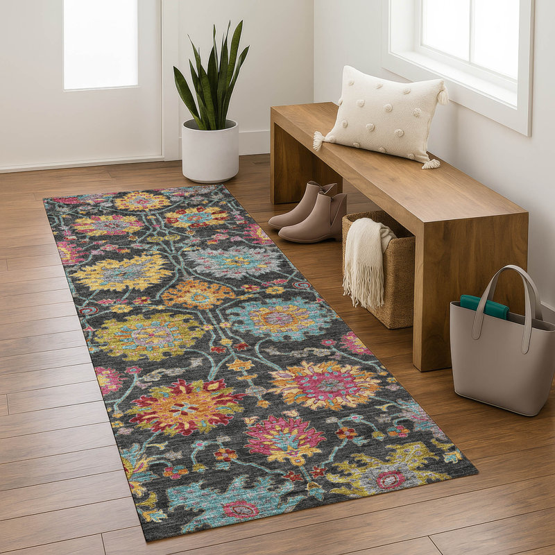 Premium Machine Washable Mayfield AMF2288 Damask Rug, 2'3" x 7'6" Runner, Black