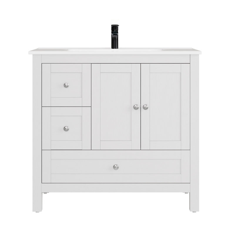 Ensemble de meuble-lavabo simple 36 po avec lavabo en céramique, blanc, bois massif, Blanc, 36"