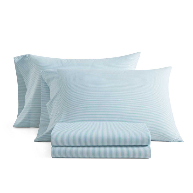Martha Stewart Stripe Cotton Percale Blue Sheet Set, Twin Sheet Set with 1 Pillowcase, Blue Striped