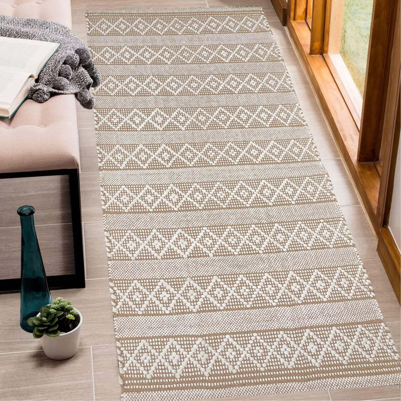 Tapis noir / blanc en coton tissé à plat à la main Steverson, Beige / Ivoire, Simple - L 60 po x l 24 po