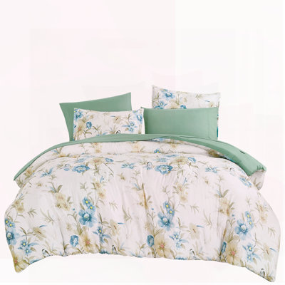7-Piece Blue & Green Floral Print Bed In A Bag Set, All-In-One Bedding Collection With Comforter & Sheet Set,Full