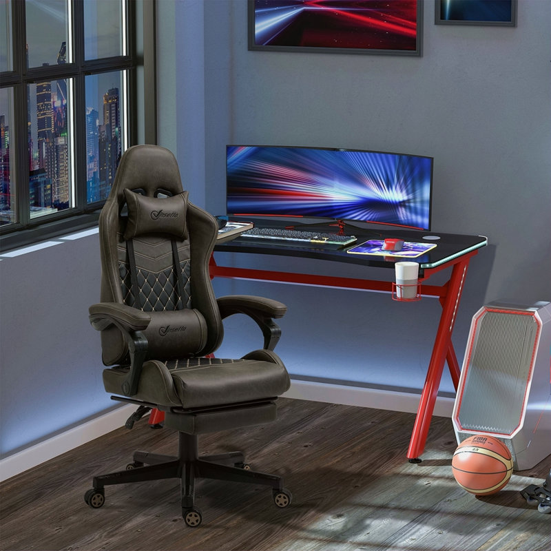 Fauteuil de jeu en cuir polyuréthane de bureau de course avec dossier inclinable et dossier haut, Brun