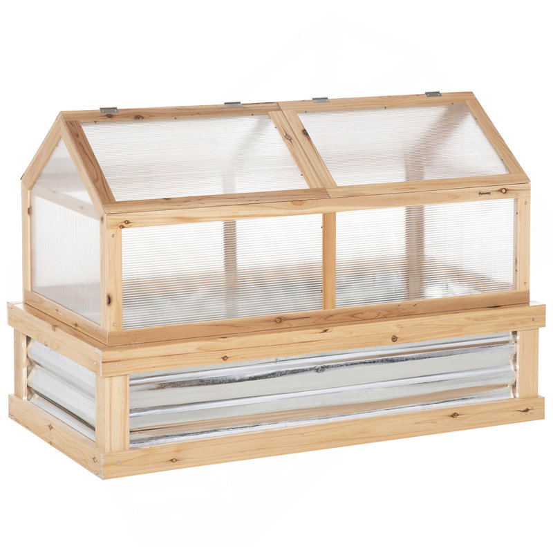 Outsunny Raised Garden Bed With Polycarbonate Greenhouse, Wooden Garden Cold Frame Greenhouse, Flower Planter Protection, 48" X 24" X 32", Natural