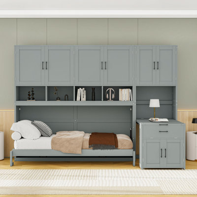 Lit escamotable simple avec tablettes et armoires de rangement intégrées