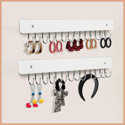 2-Pack Wall Mount Wooden Jewelry Organizer, Necklace Holder with 28 Hooks, White