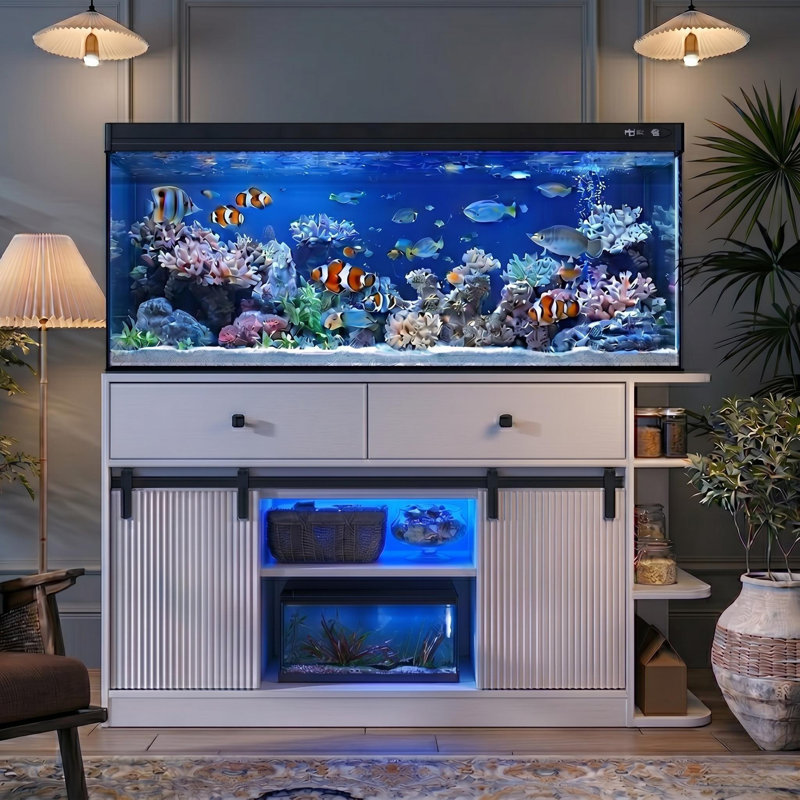 Armoire à portes coulissantes avec support d'aquarium et lumière DEL, prises de courant et tablettes