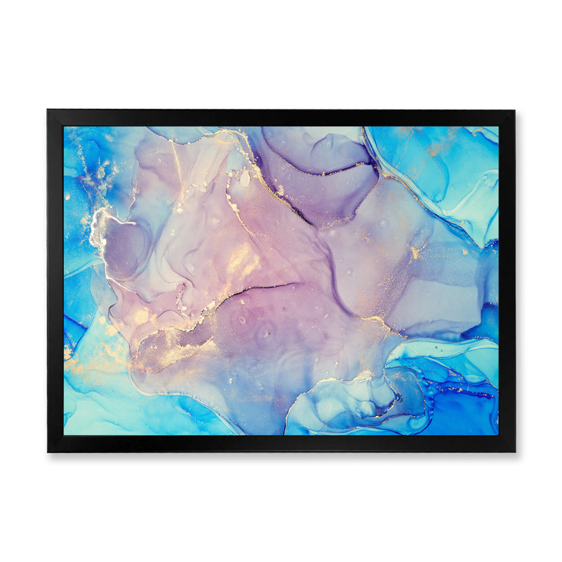 «Blue and Pink Marble Ink Clouds II», peinture sur toile, H 34 po x l 44 po x P 1,5 po, Cadre d'angle fermé noir