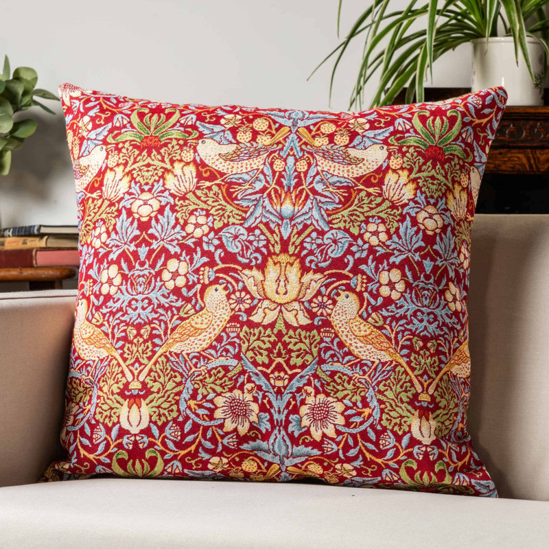 William Morris Strawberry Thief Tapestry Cushion in Red, Synthetic filled, 58x58cm