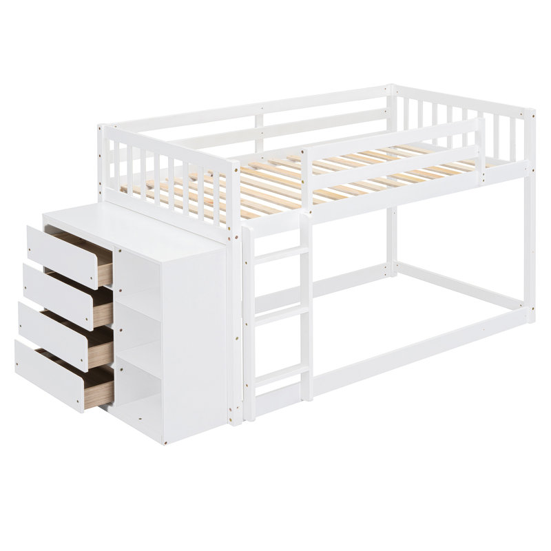Lit superposé simple sur simple avec 4 tiroirs et 3 tablettes, Blanc
