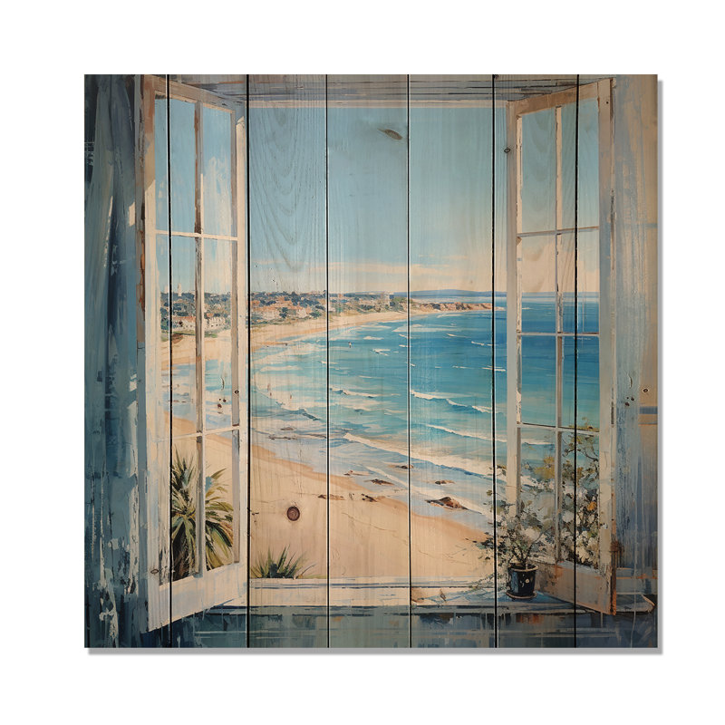 «Coastal Window View By The Beach III» - impression de bord de mer sur bois, H 15 po x l 15 po