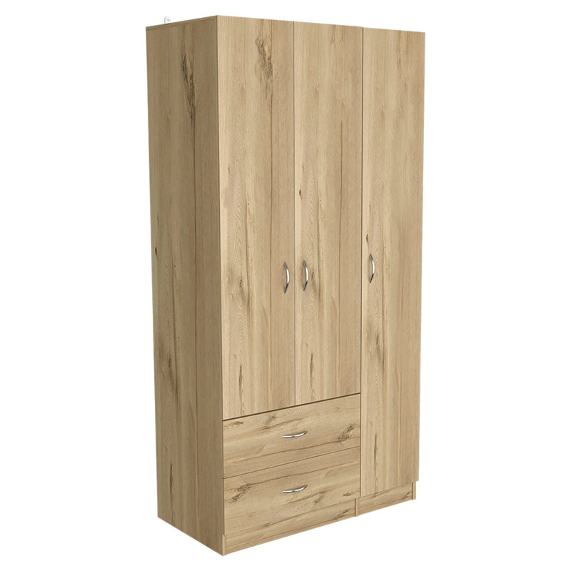 Armoire 3 portes avec tiroirs, tablettes et tringle