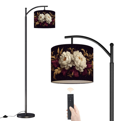 Lampe sur pied à arc floral avec abat-jour réglable pivoines romantiques en or blanc, feuillage décoratif orné, lampe sur pied, 3 températures, intensité variable, grand mât avec interrupteur au pied pour la chambre à coucher