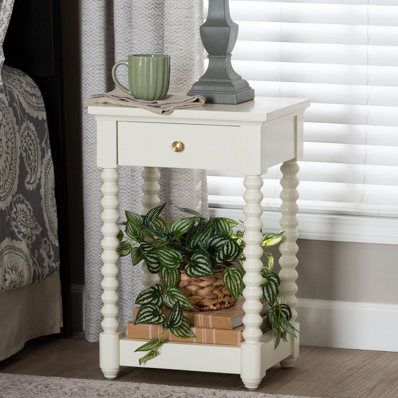 Baxton Studio Terentia Nightstand With Bobbin Legs - 1-Drawer Bedroom Side Table With Storage Shelf, White, White
