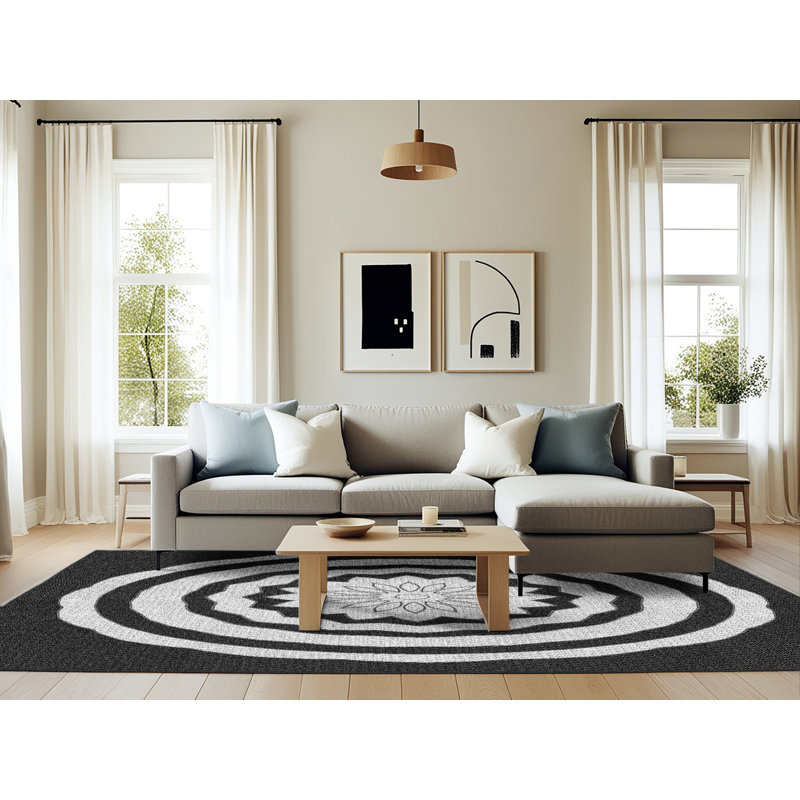 Tissé à la machine à la machine à motif floral en laine et polyester noir/gris Tapis décoratif, Rectangle 6 pi x 9 pi