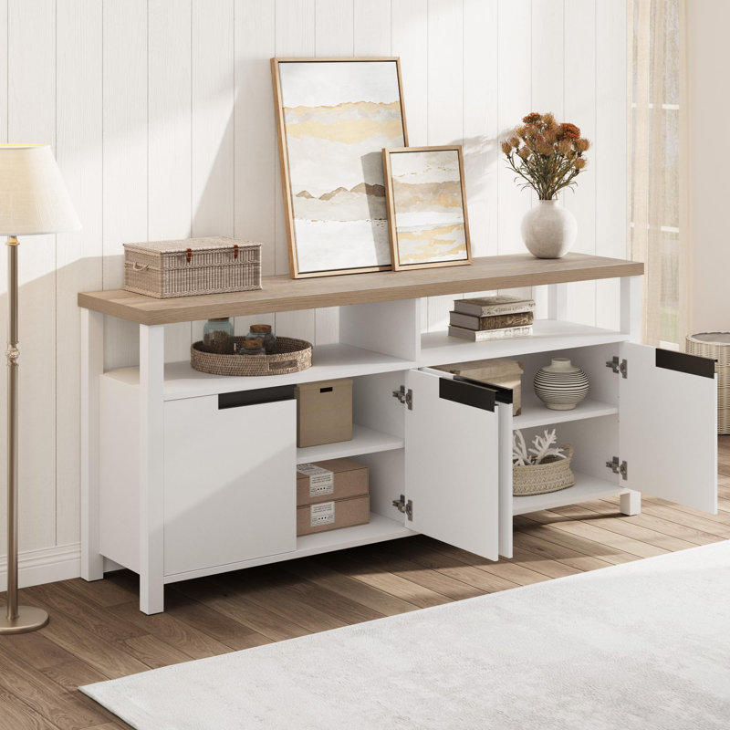 Meuble télé, avec rangement et tablette ouverte, Blanc / Gris